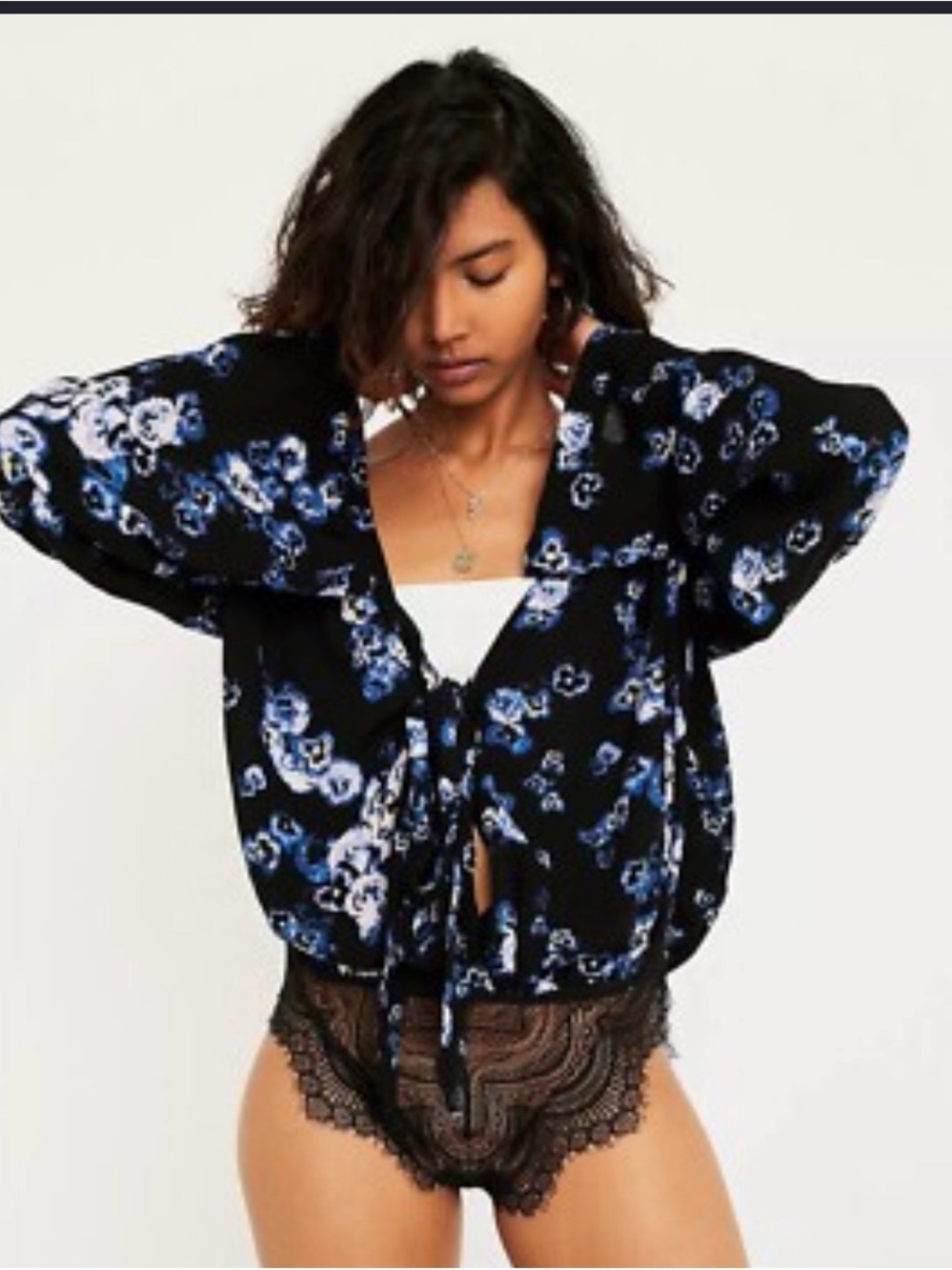 Free People Intimately Forties Feels Floral Lace Bodysuit Black Blue Bell Sleeve